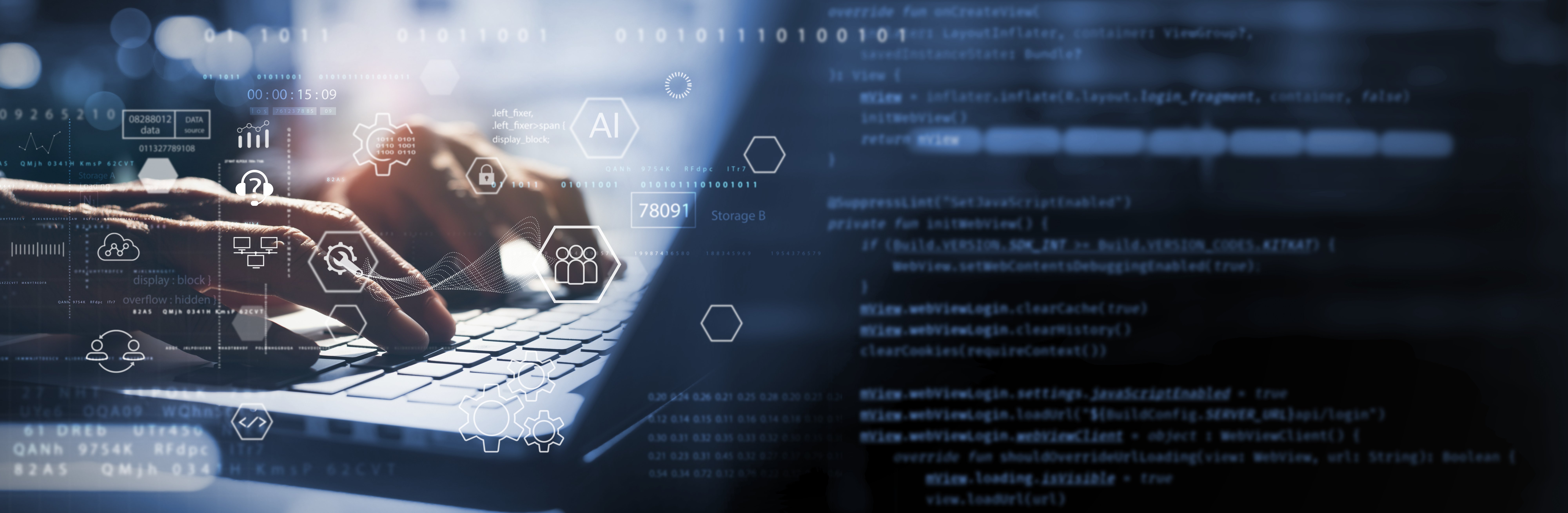 Close-up of hands typing on a laptop with security and data overlays